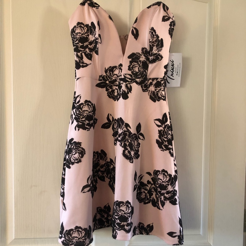 Pink and black strapless rose dress